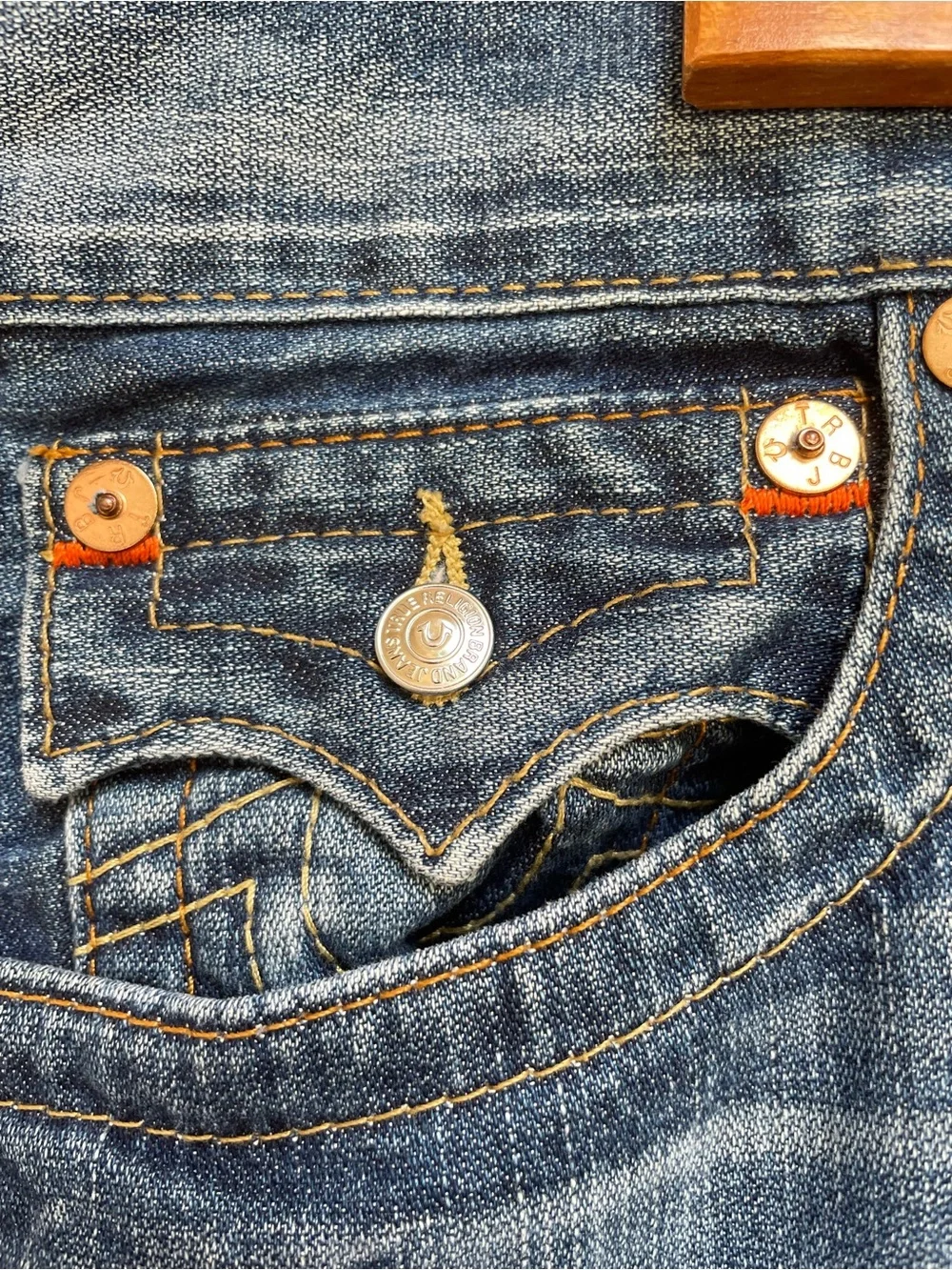 True Religion Blue Straight Leg Jeans with Faded Whiskering